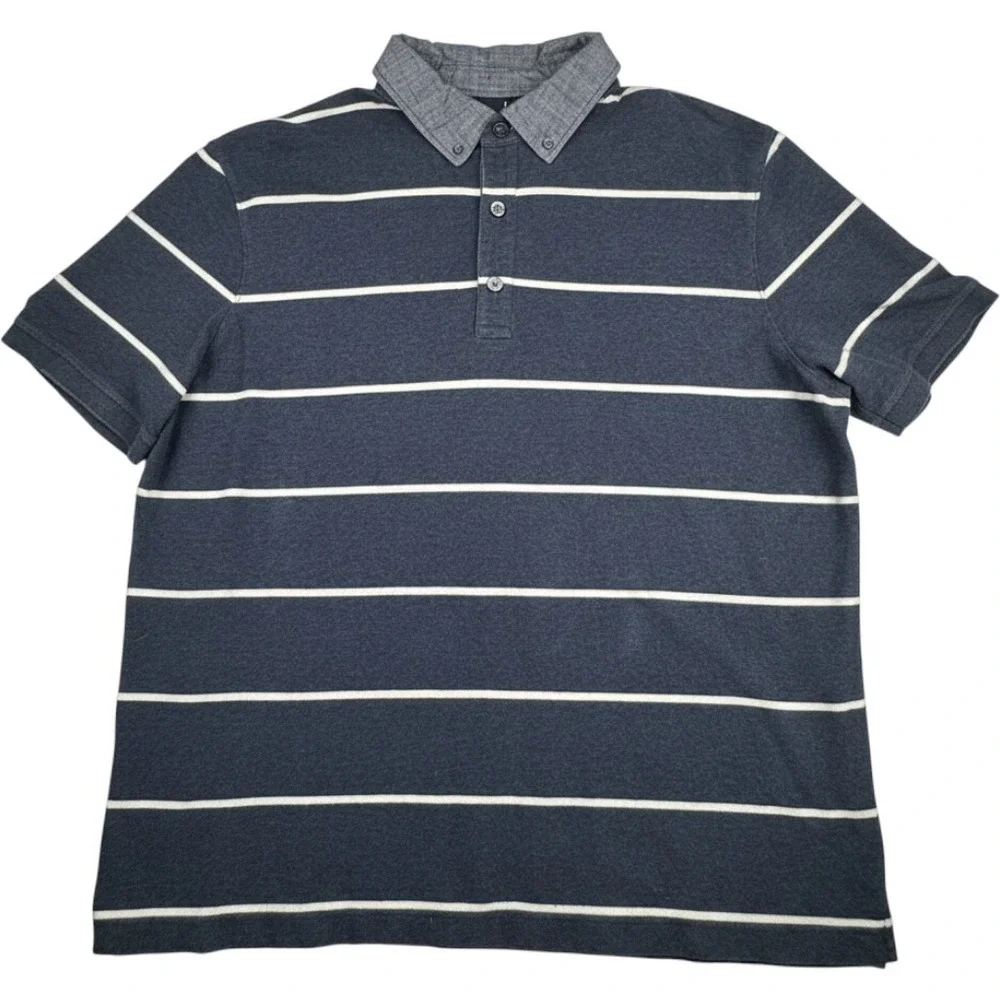 Banana Republic Mens Polo Shirt XL Striped Cotton Preppy Navy Blue Short Sleeve